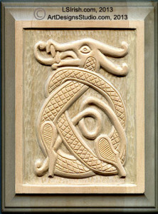 v-gouge detailing in a relief wood carving