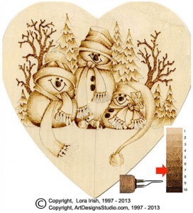 winter snowmen scene pyrography